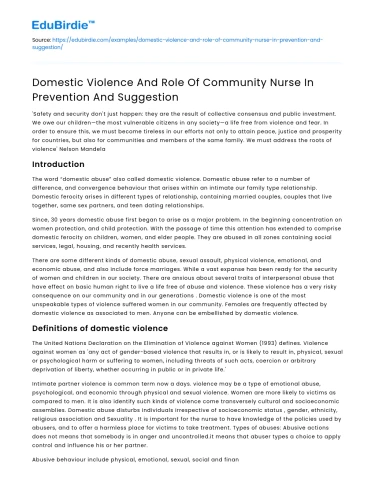 Domestic Violence And Role Of Community Nurse In Prevention And Suggestion