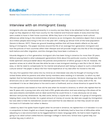 Interview with an Immigrant: Essay