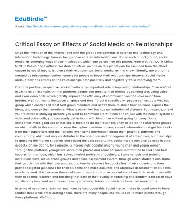 Critical Essay on Effects of Social Media on Relationships