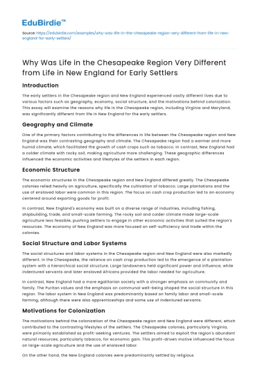 Life Differences in Chesapeake vs New England for Early Settlers