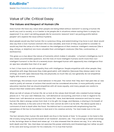 Value of Life: Critical Essay