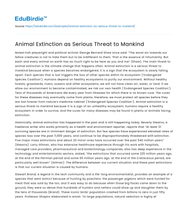 Animal Extinction as Serious Threat to Mankind