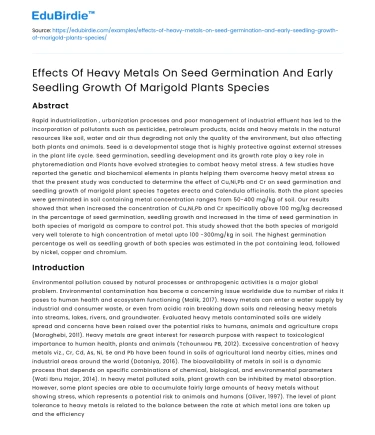 Impact of Heavy Metals on Marigold Seed Germination and Growth