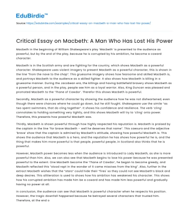Critical Essay on Macbeth: A Man Who Has Lost His Power