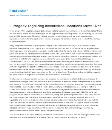 Surrogacy: Legalizing Incentivized Donations Saves Lives