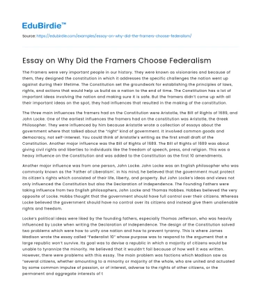 Essay on Why Did the Framers Choose Federalism