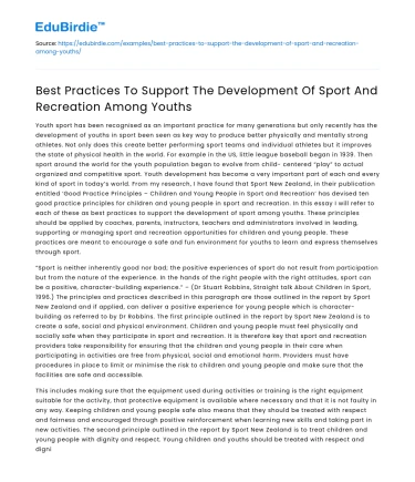 Supporting Youth Sport and Recreation Development Best Practices