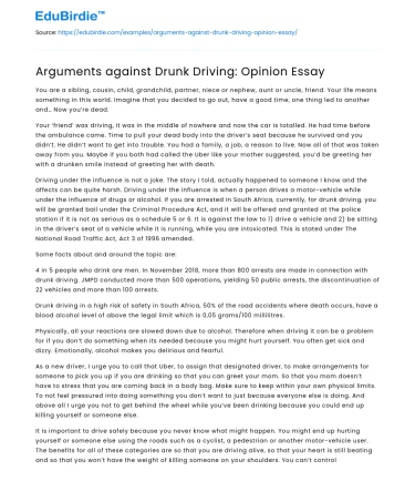 Arguments against Drunk Driving: Opinion Essay