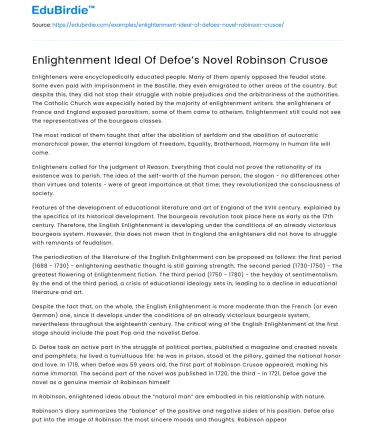 Enlightenment Ideal Of Defoe’s Novel Robinson Crusoe