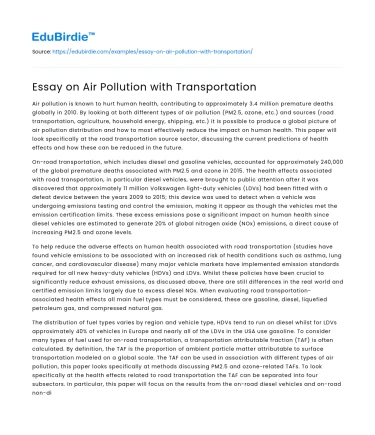 Essay on Air Pollution with Transportation