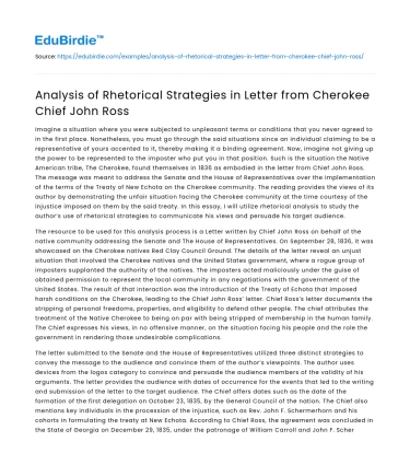Analysis of Rhetorical Strategies in Letter from Cherokee Chief John Ross
