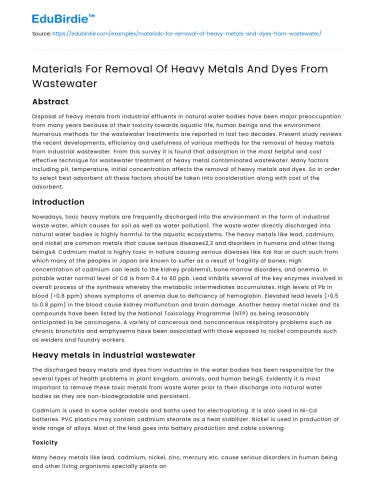 Materials For Removal Of Heavy Metals And Dyes From Wastewater