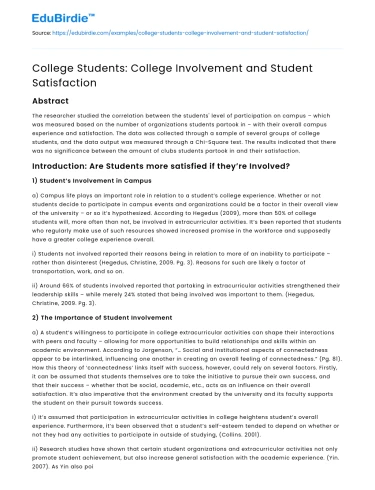 College Students: College Involvement and Student Satisfaction