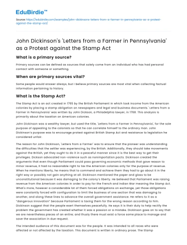 Dickinson’s ‘Letters from a Farmer’ Protest vs Stamp Act