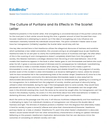 The Culture of Puritans and its Effects in The Scarlet Letter