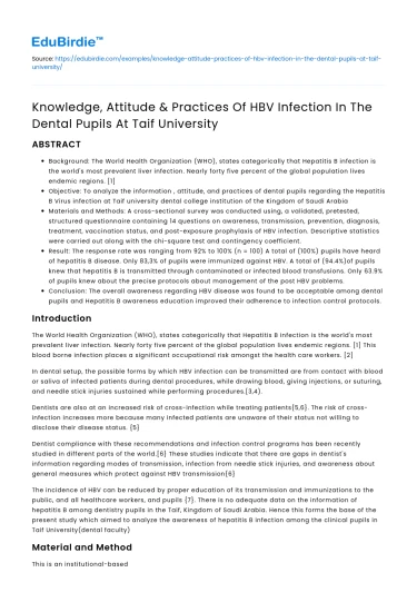 HBV Infection in Dental Pupils at Taif University