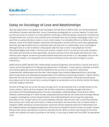 Essay on Sociology of Love and Relationships