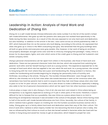 Leadership in Action: Analysis of Hard Work and Dedication of Zhang Xin