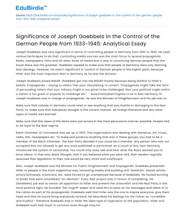 Joseph Goebbels’ Influence on German Population 1933-1945: An Analysis