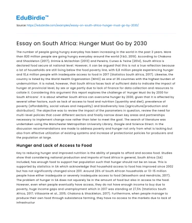 Essay on South Africa: Hunger Must Go by 2030