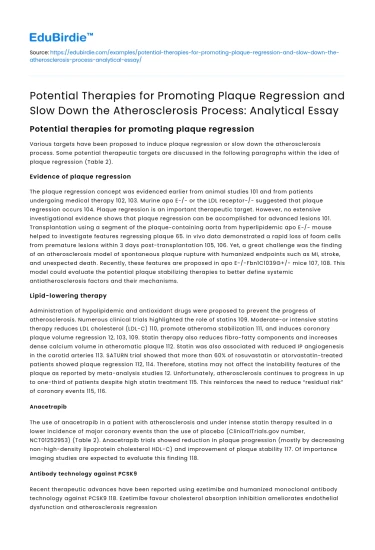 Potential Therapies for Promoting Plaque Regression and Atherosclerosis