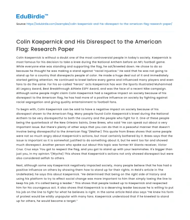 Colin Kaepernick and His Disrespect to the American Flag: Research Paper