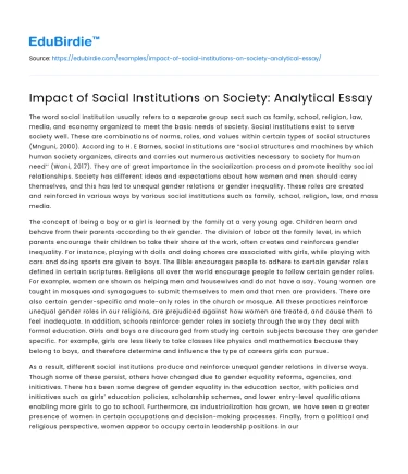 Impact of Social Institutions on Society: Analytical Essay