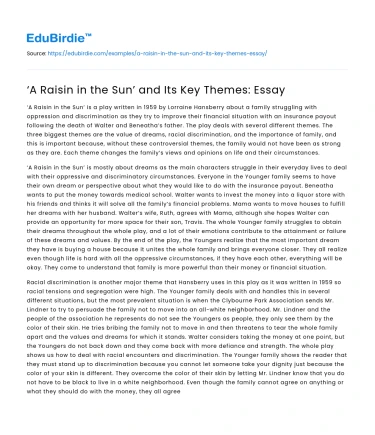 ‘A Raisin in the Sun’ and Its Key Themes: Essay