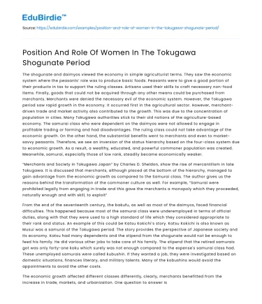 Position And Role Of Women In The Tokugawa Shogunate Period