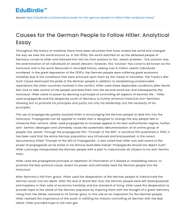 Causes for the German People to Follow Hitler: Analytical Essay