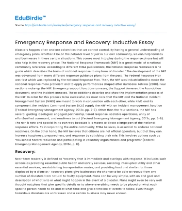 Emergency Response and Recovery: Inductive Essay