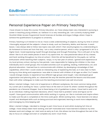 Personal Experience Paper on Primary Teaching