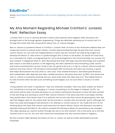 Aha Moment on Michael Crichton’s ‘Jurassic Park’: Reflection Essay