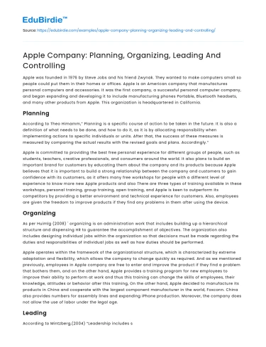 Apple Company: Planning, Organizing, Leading And Controlling