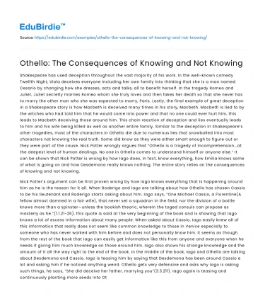 Othello: The Consequences of Knowing and Not Knowing