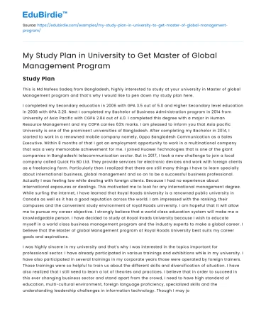 My Study Plan in University to Get Master of Global Management Program