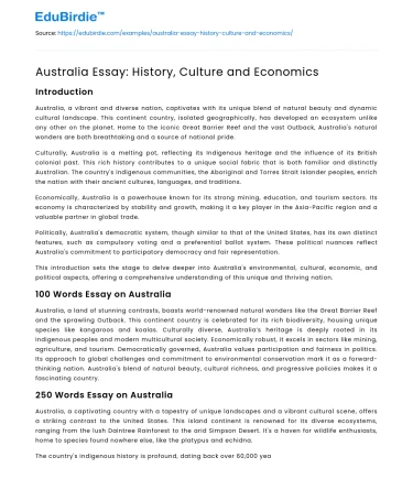 Australia Essay: History, Culture and Economics