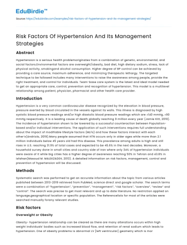 Risk Factors Of Hypertension And Its Management Strategies