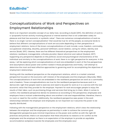 Conceptualizations of Work and Perspectives on Employment Relationships