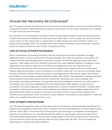 Should Net Neutrality Be Embraced?