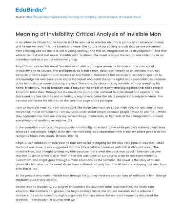 Meaning of Invisibility: Critical Analysis of Invisible Man