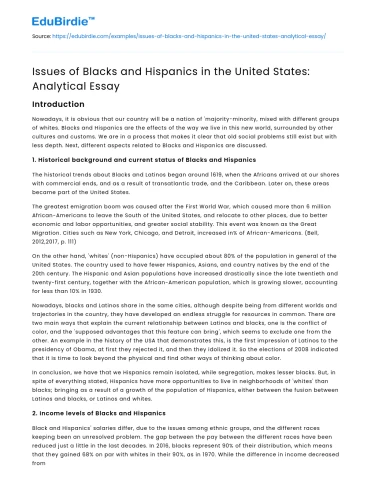 Issues of Blacks and Hispanics in the United States: Analytical Essay