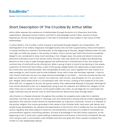 Short Description Of The Crucible By Arthur Miller