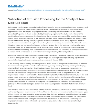 Validation of Extrusion Processing for the Safety of Low-Moisture Food