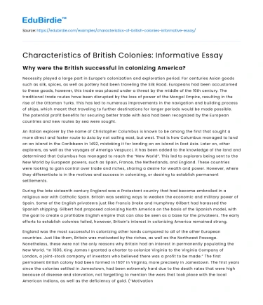 Characteristics of British Colonies: Informative Essay