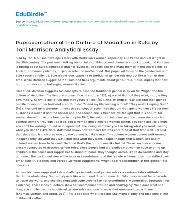 Representation of the Culture of Medallion in Sula by Toni Morrison