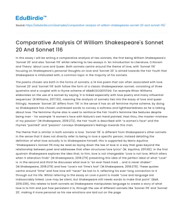 Comparative Analysis Of William Shakespeare’s Sonnet 20 And Sonnet 116