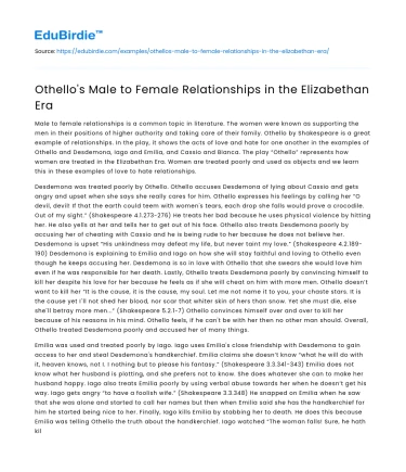 Othello’s Male to Female Relationships in the Elizabethan Era