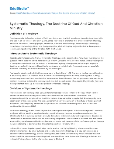 Systematic Theology, The Doctrine Of God And Christian Ministry
