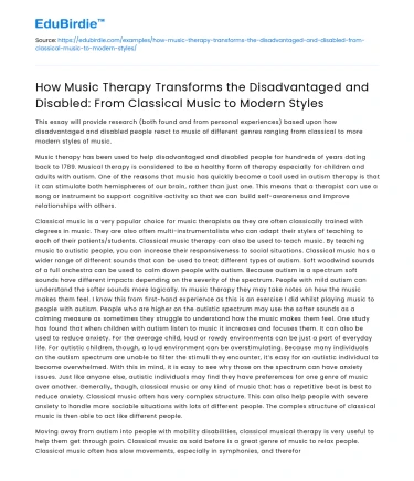Music Therapy: Transforming Disadvantaged & Disabled